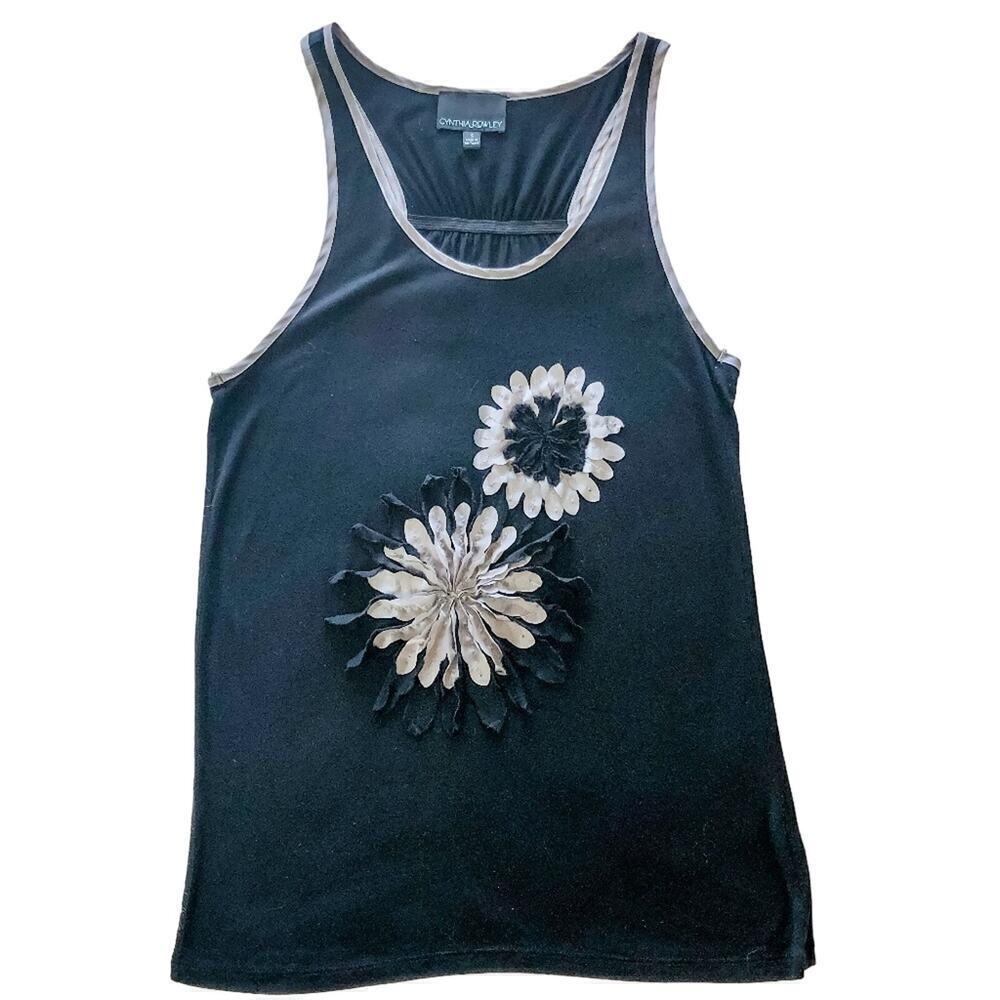 Cynthia Rowley Black Floral Appliqué‎ Tank Womens Gathered Back Size S